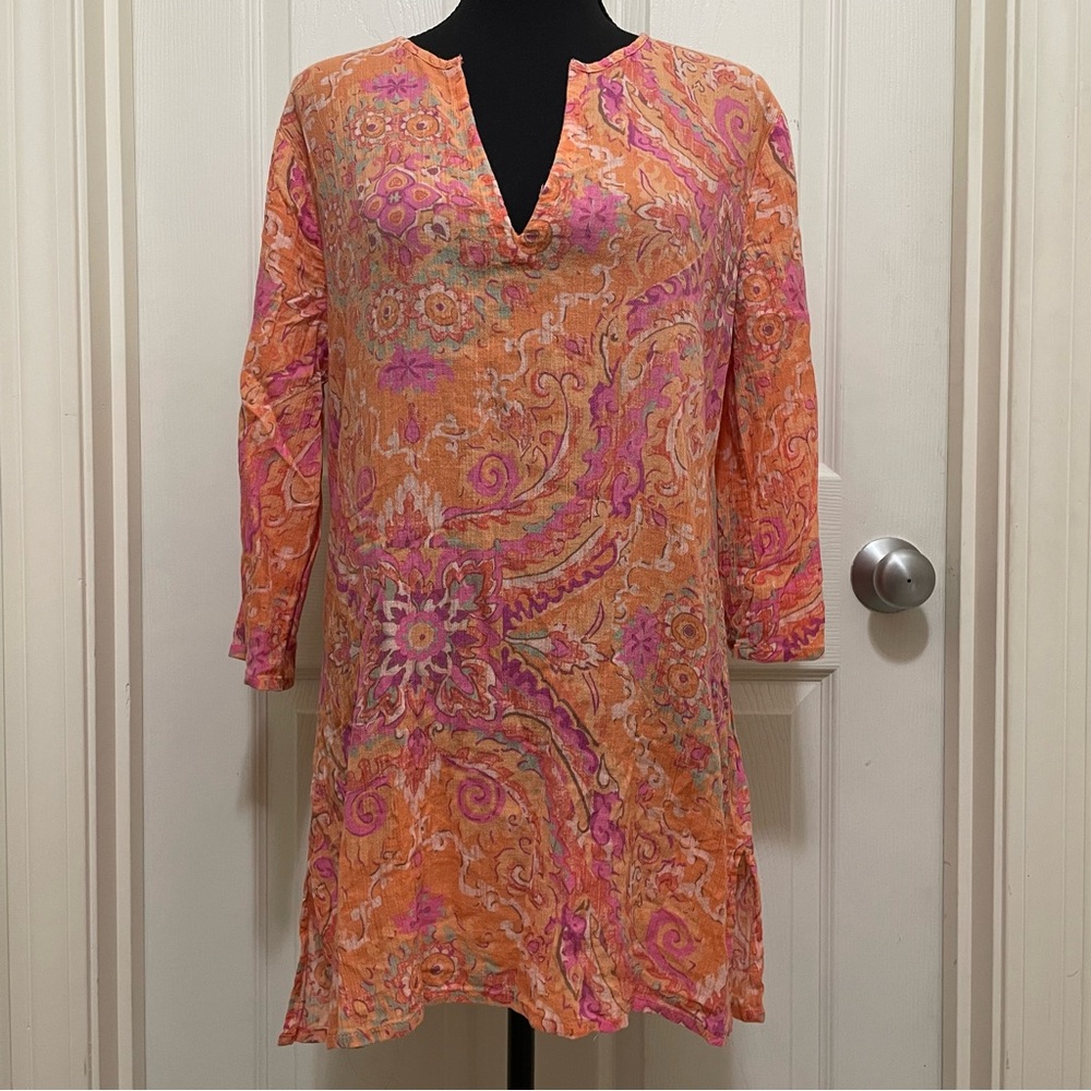 J.Crew Lightweight Gauze Tunic Cotton Orange Pink V-Neck X-Small‎ XS Beach Boho